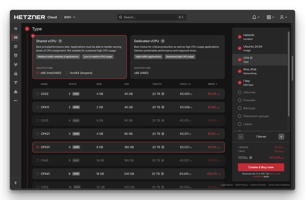 Screenshot of VM Creation on Hetzner Cloud Console